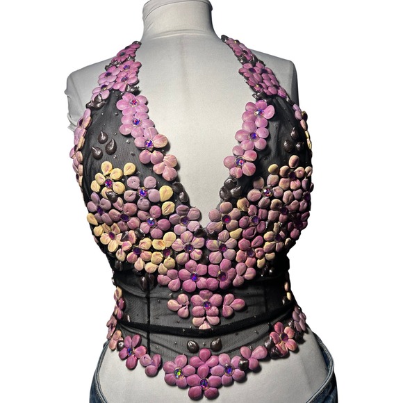 Ema Savahl Tops - RARE Ema Savahl Hand Painted 3D Floral Halter Tie Back Top Black Mesh Appliqué